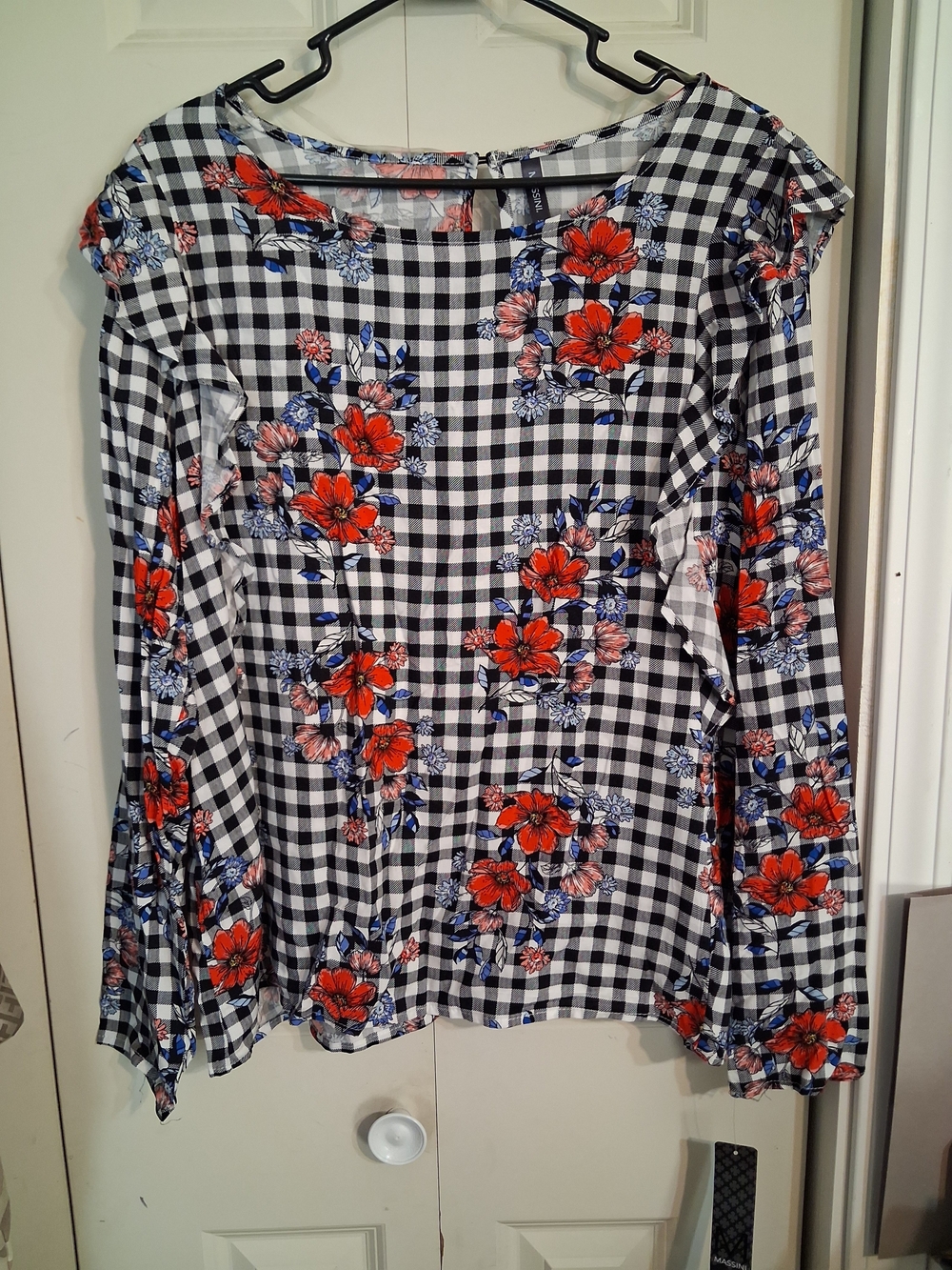 Massini Black & White Gingham Long-Sleeve Top with Red Floral Print